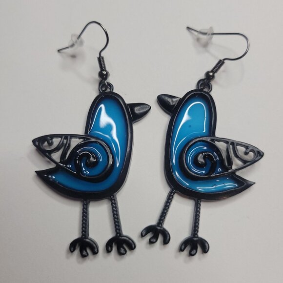 NWT 1970s Translucent Stained Glass Style Blue Bird Pierced Earrings Black Metal - Picture 3 of 3
